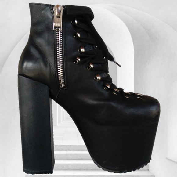 UNIF 7 BLACK LEATHER HELLHOUND PLATFORM BOOTS goth club dance Halloween U.N.I.F. - Picture 9 of 16